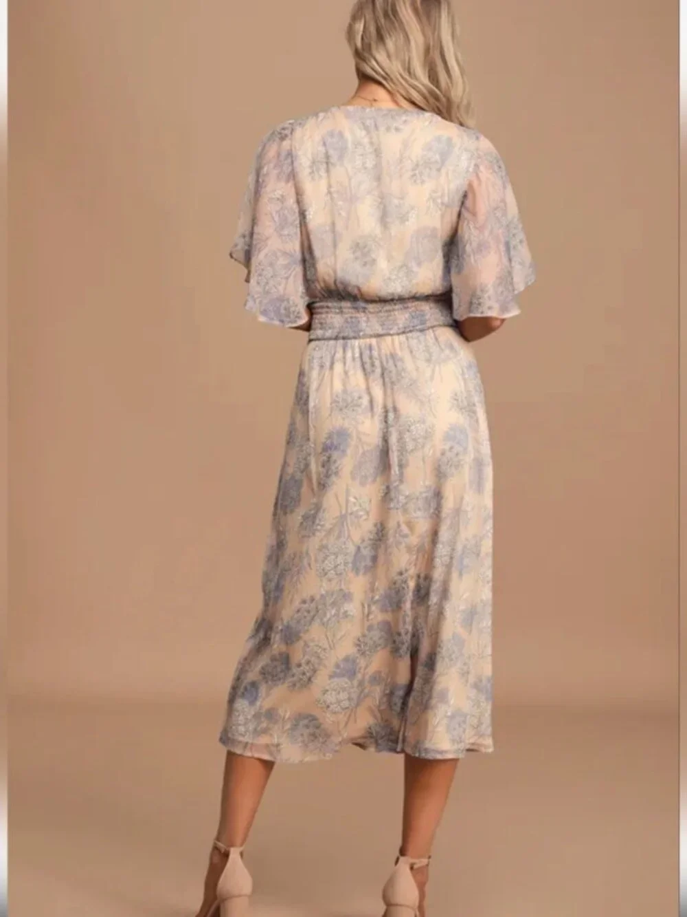 NWT Lulus Subtle Romance Beige Floral Print Ruffled Midi Dress - Women's X-Large